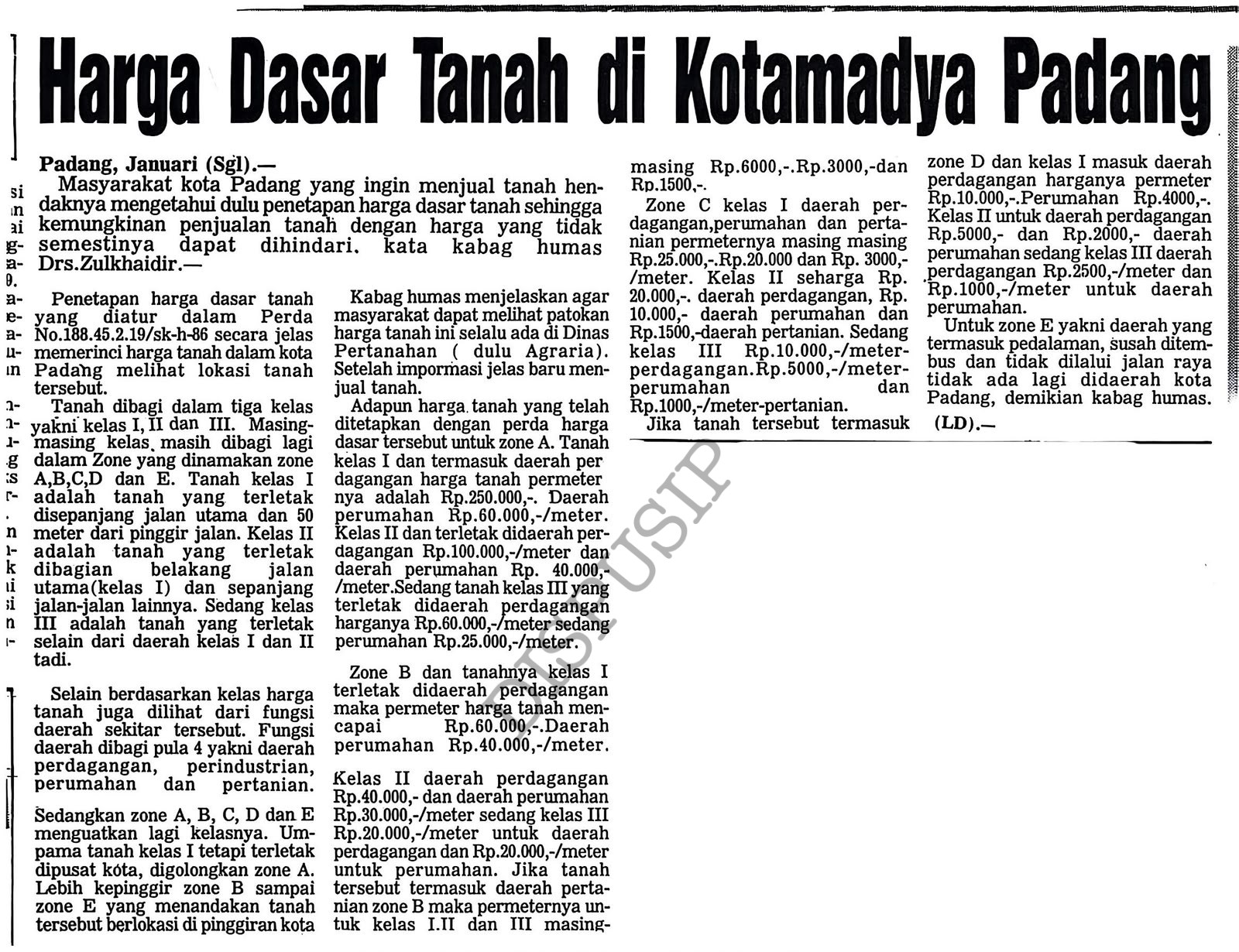 Harga Dasar Tanah di Kotamadya Padang