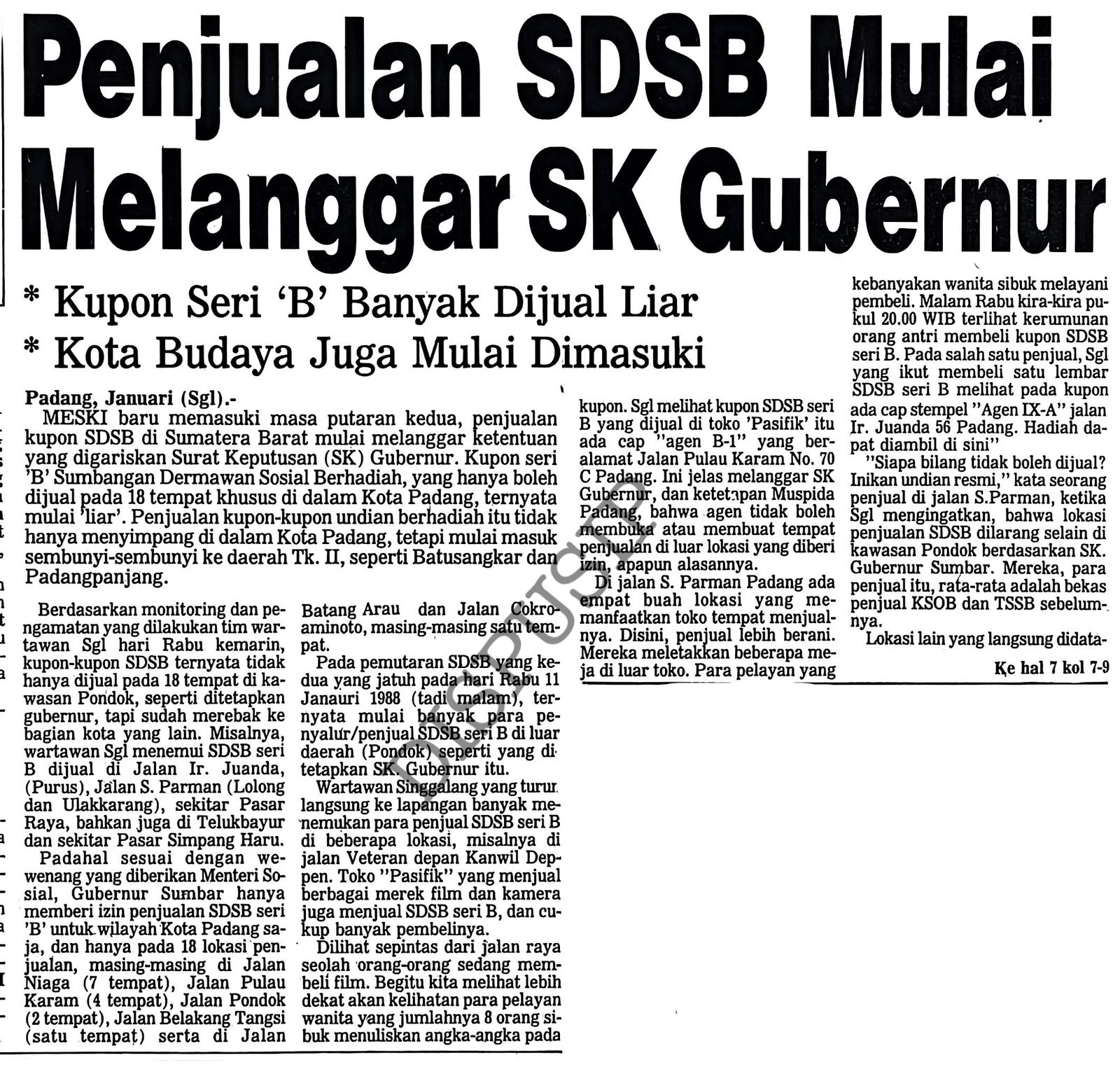 Penjualan SDSB Mulai Melanggar SK Gubernur